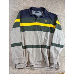Vintage 90s Chaps Rugby Polo Shirt Mens XL Gray Green Striped Long Sleeve Golf